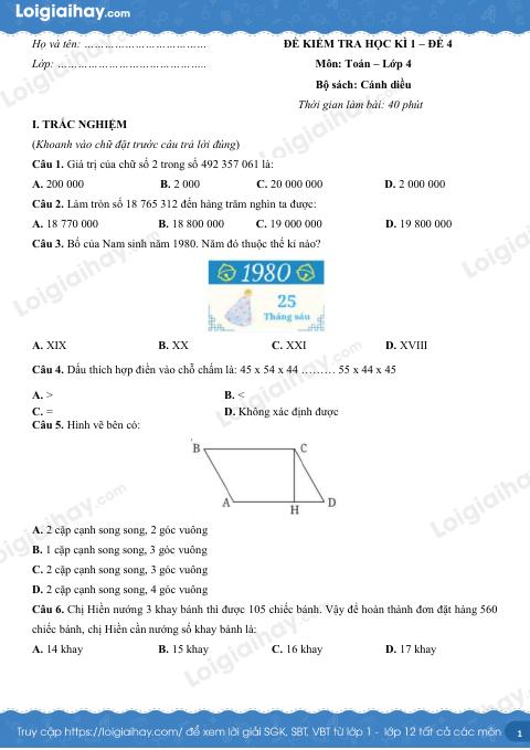 Đề kiểm tra học kì 1 Toán 4 Cánh diều - Đề số 4